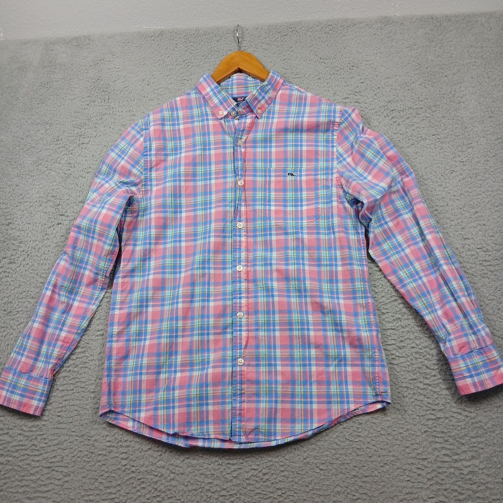 Vineyard Vines Slim Fit Tucker Shirt Men's M Plaid Long Sleeve Pink Blue Cotton‎